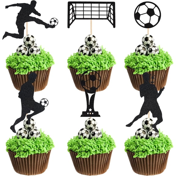 Soccer Cupcake Toppers, Black Glitter, 12 Pcs, Football Sports Theme Party Picks for Birthday Baby Shower