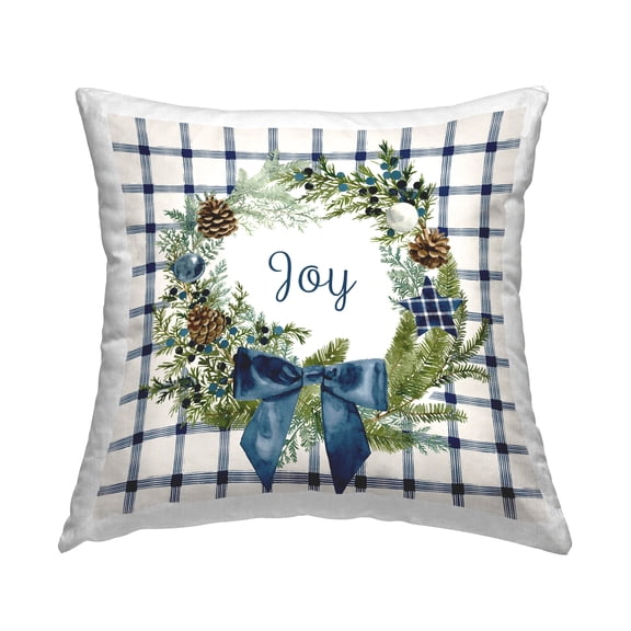 Stupell Industries Holiday Tartan Joy Phrase Pinecone Wreath Design by Victoria Barnes Throw Pillow