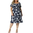 thumbnail image 1 of Agnes Orinda Robe pour Femme Grande Taille à Volants Manches Courtes Évasée Fluide Smock Florale Mi-Longue 3X Bleu Marine, 1 of 6