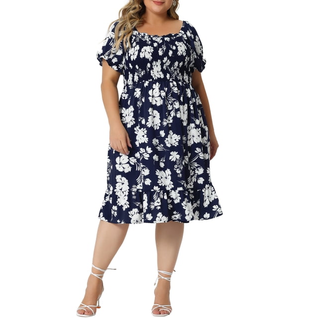 Agnes Orinda Robe pour Femme Grande Taille à Volants Manches Courtes Évasée Fluide Smock Florale Mi-Longue 3X Bleu Marine