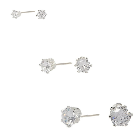 Claire's Silver Cubic Zirconia Round Stud Earrings - 3MM, 5MM, 7MM