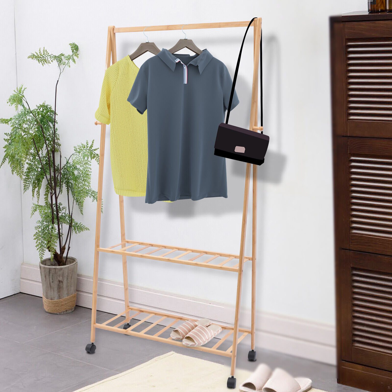 50 inch High Modern Rolling Coat Rack Wood Clothing Rack with Wheels