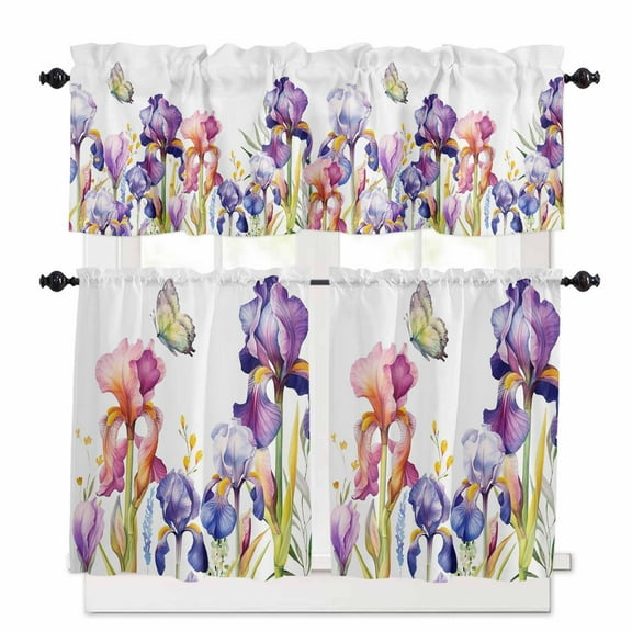 Watercolor Purple Floral, Kitchen Curtains and Valances Set, 3 Piece Kitchen Curtains Set 36 Inch Length, Flower Leaves Hearb White Rod Pocket Curtains Tier Farmhouse Window Curtains