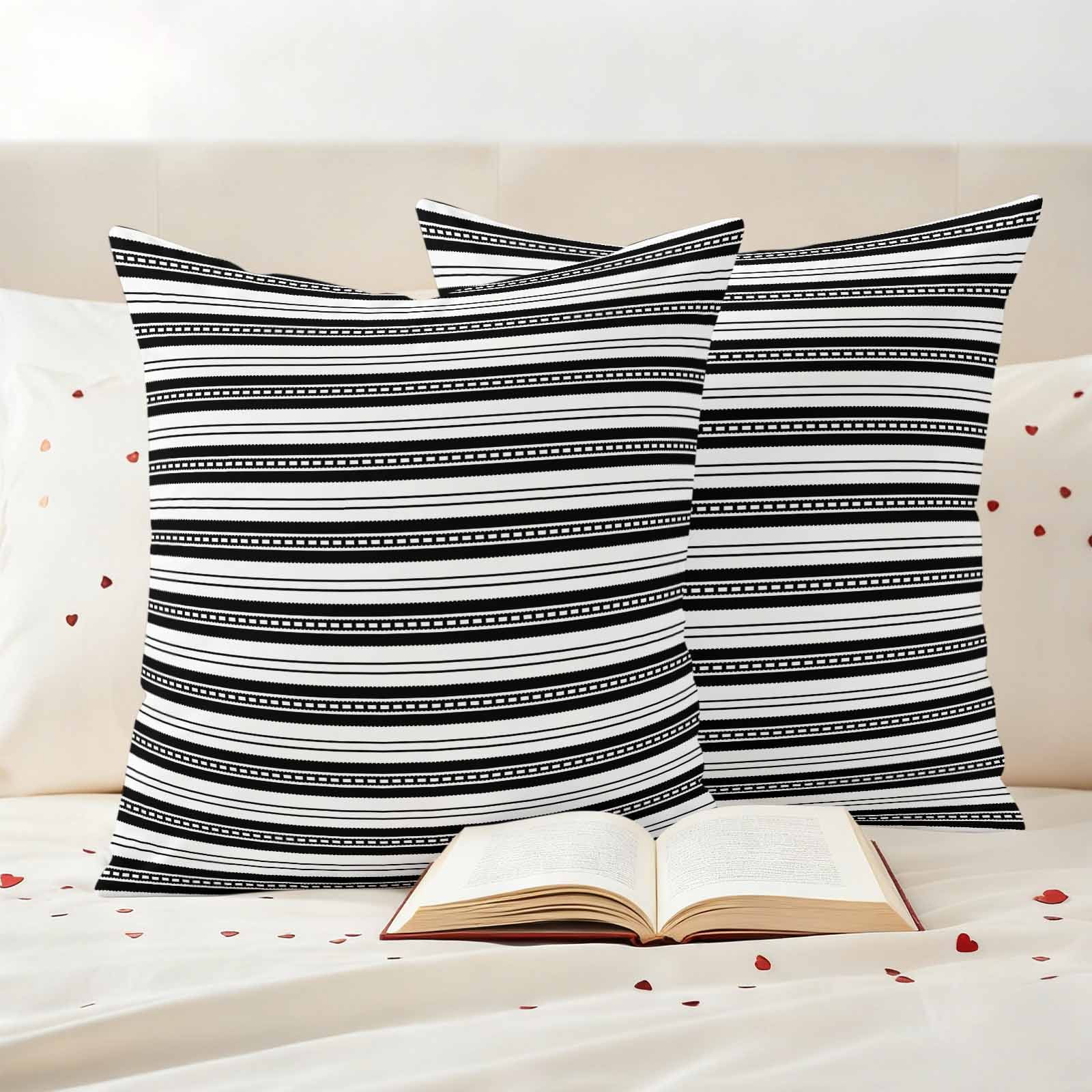 Boho Black Stripe Outdoor Waterproof Pillow Covers, Abstract Geometric White Minimalist Decorative Square Throw Pillowcase Sofa Cushion Sham for Patio/Couch/Chair, 20"x20" 2 Pack