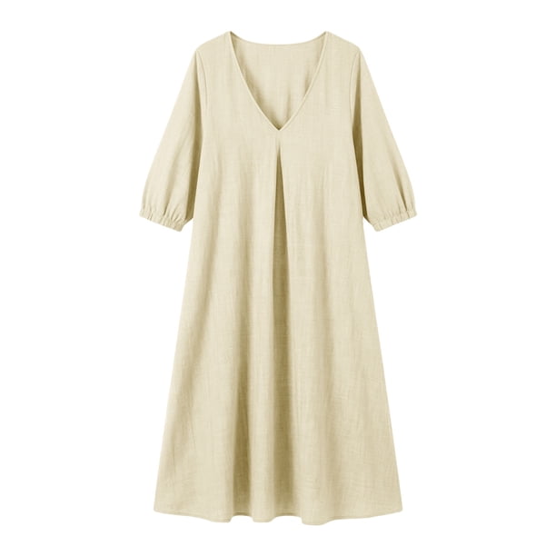 beige graduation dresses asdoklhq Dress Summer for Ladies Plus Size Midi Women's Fashion Crewneck Loose Half Sleeve Solid Knee-length Dress 3X DM:17.5