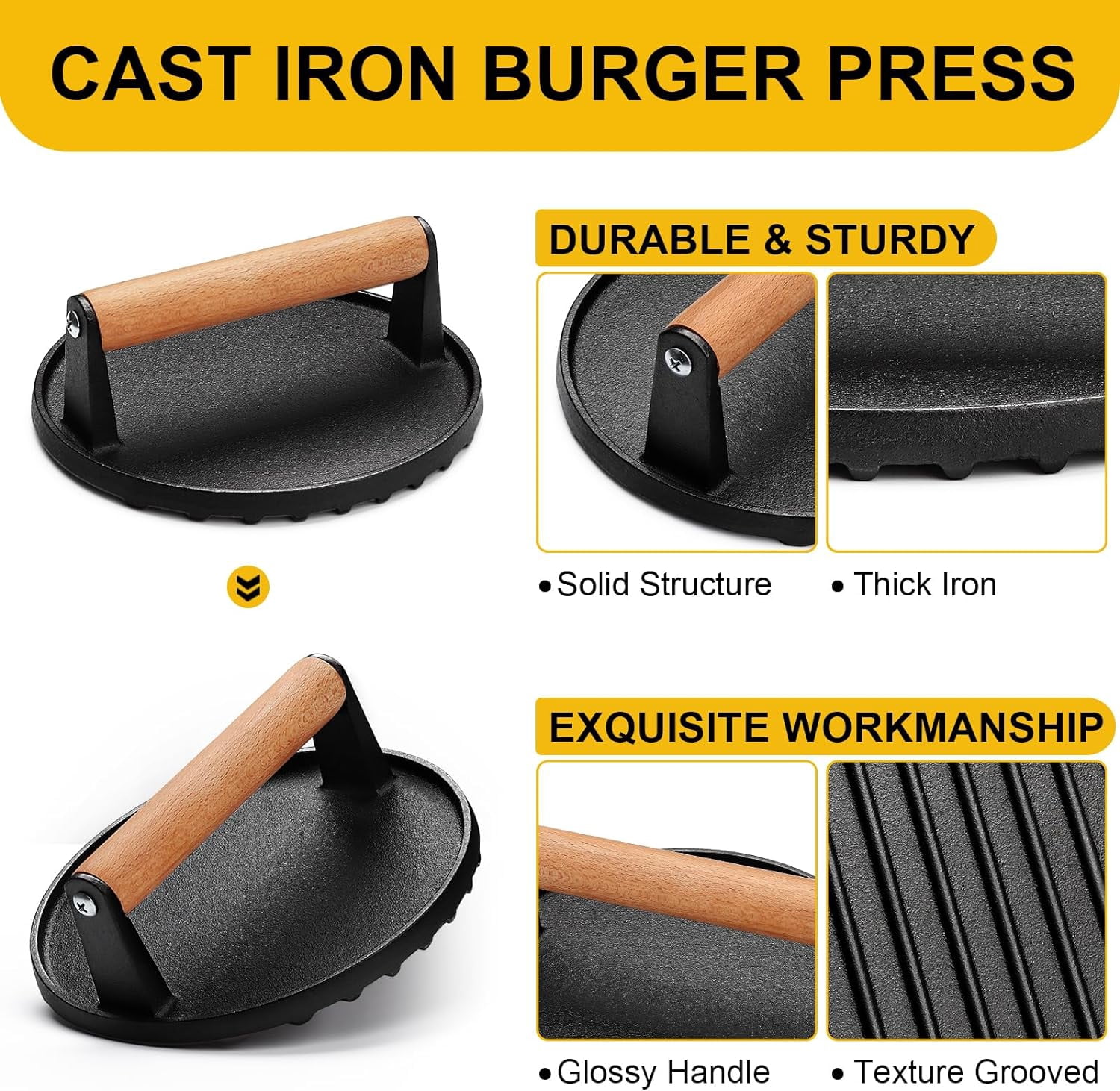 Burger Press, Smash Burger Press for Blackstone Griddle, Heavy Duty Cast Iron Round 6.9In Bacon Grill Press with Wood Handle, Meat Steak Weight for Sandwich, Paninis (Round)