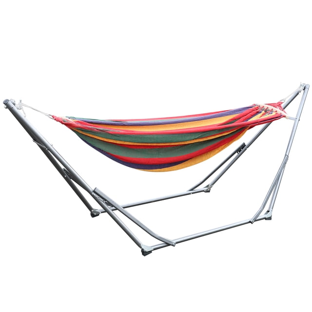 Hamac Double avec Support Métallique Gain de Place et Sac de Transport, Support de Hamac Intérieur, Forte Capacité de Charge, Imprimé à Rayures, Conception à Double Barre