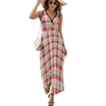 thumbnail image 2 of Red And Green Grid Womens Night Club Maxi Dress V Neck Sleeveless Bohemia Long Dresses, 2 of 9