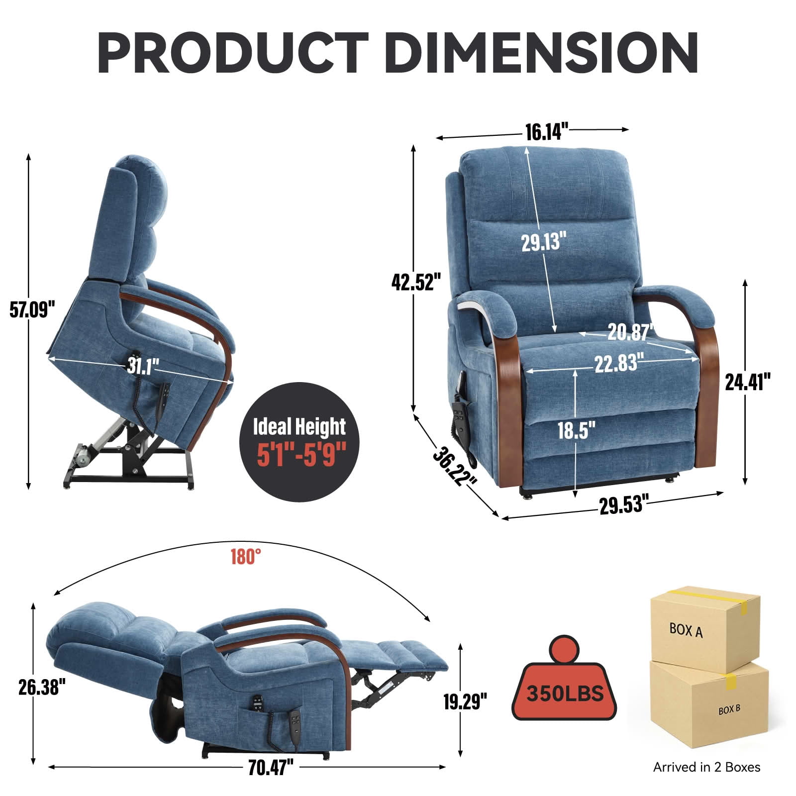MAYEERTY Blue Chenille Dual Motor Power Lift Recliner, 350lbs Solid Wood Armrest Massage Heat 30"x36"x43" for Elderly