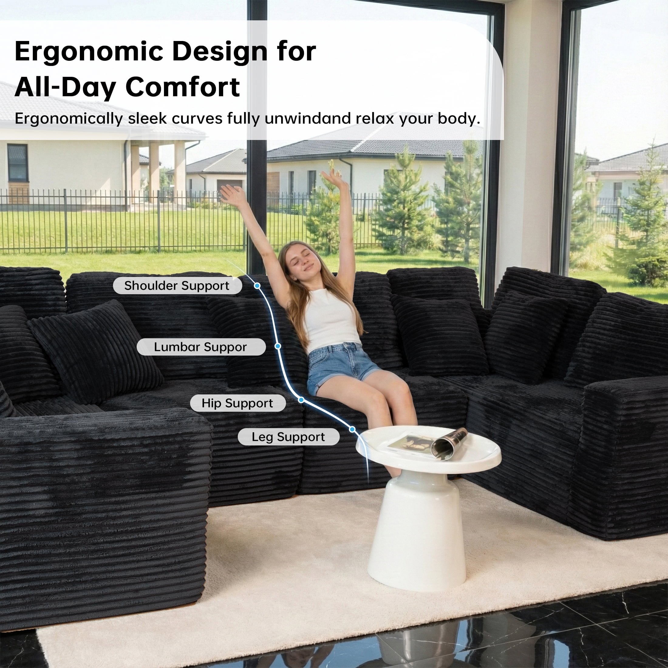 SEENYOO 135.5" Cloud Couch,Boneless Sectional Sofa for Living Room,Black U Shaped Couch with Chaise,6-Seater,Corduroy Fabric,Freely Configurable Layout