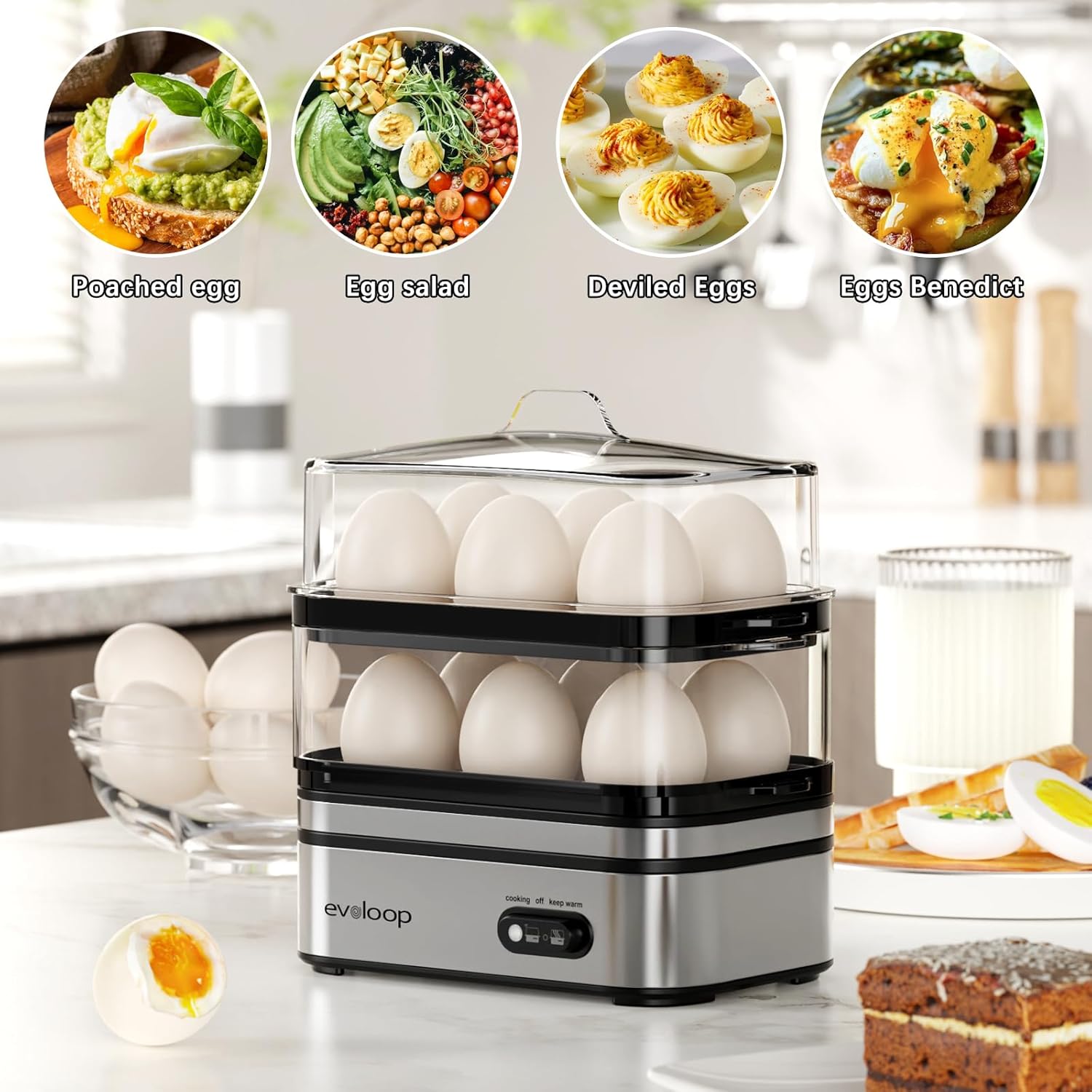 Evoloop Rapid Egg Cooker with Electric Tea Kettle - 12 Eggs Capacity & 1L Boiling for Fast Breakfast
