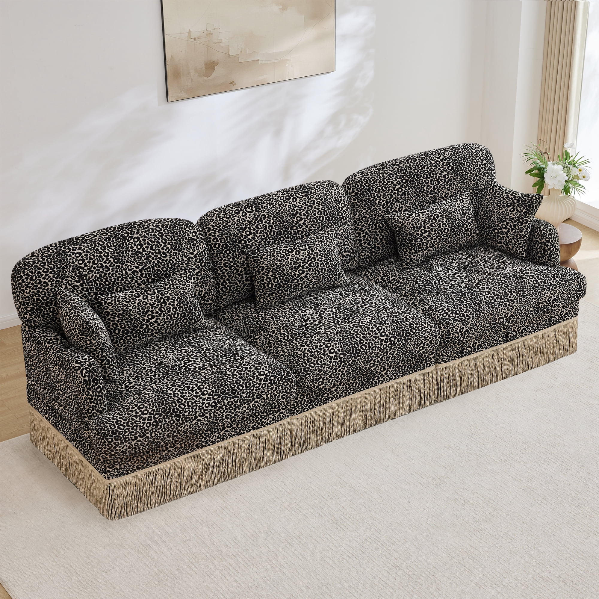 100" Chenille Leopard Tassel Deep Seat 3 Seater Sofa Couch with 5 Throw Pillows