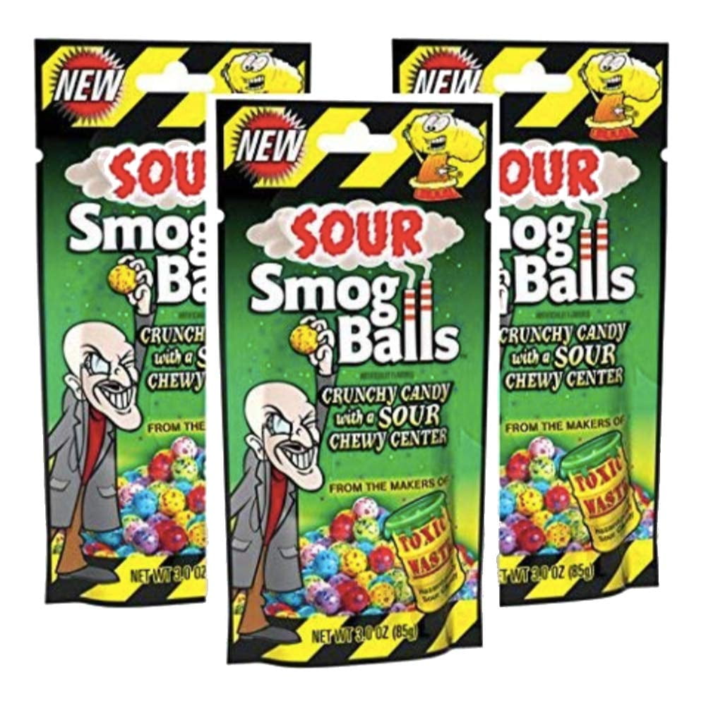 Toxic Waste | Sour Smog Balls - Crunchy Candy with a Sour, Chewy Center - 3oz gusset bag - 3 pack