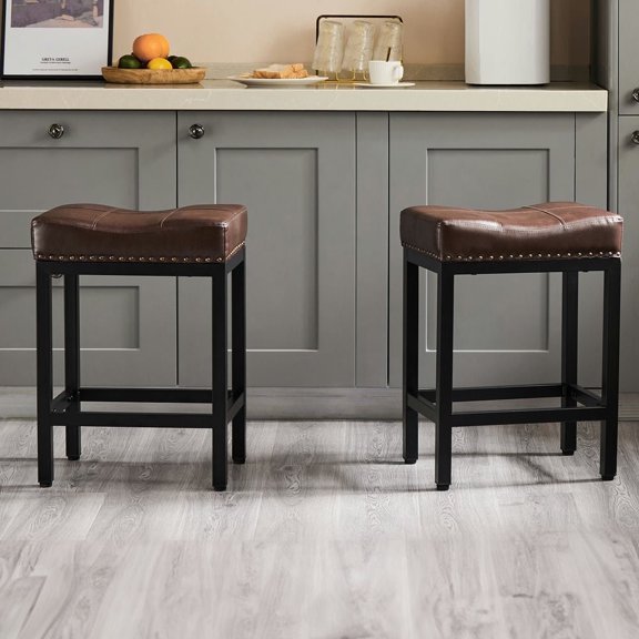 Yardi Yard Modern Bar Stools Set of 2, Counter Height Bar Stools, 2 Packs Stools with Leather Seat Cushion and Steel Frame for Kitchen Island, Brown