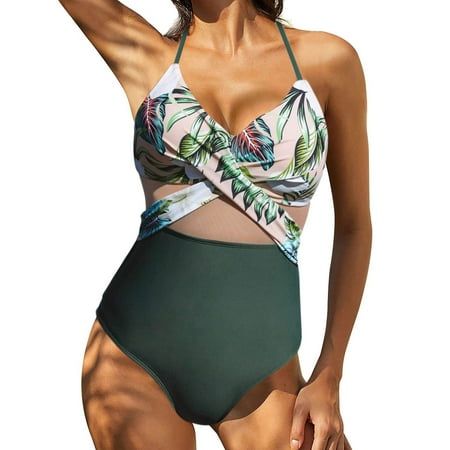 Dihao Tummy Control Swimsuits For Women Summer Clearance Women s Solid Front Cutout Mesh One-Piece Swimsuits Hanging up Swimwear Monokini Beachwear Slip Bikini