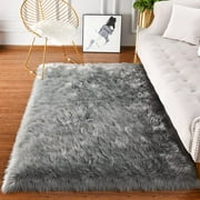 Ghouse Rectangular Grey Area Rug 4x6 feet, Thick and Fluffy Faux Sheepskin Machine Washable Rectangular Plush Carpet, Faux Sheepskin Rug for Living Room, Bedroom, Kids Room
