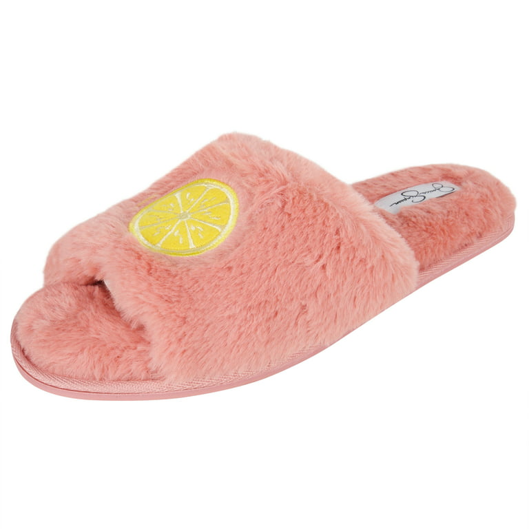 Jessica Simpson Women's Plush Faux Fur Fuzzy Slide on Open Toe Slipper with  Memory Foam