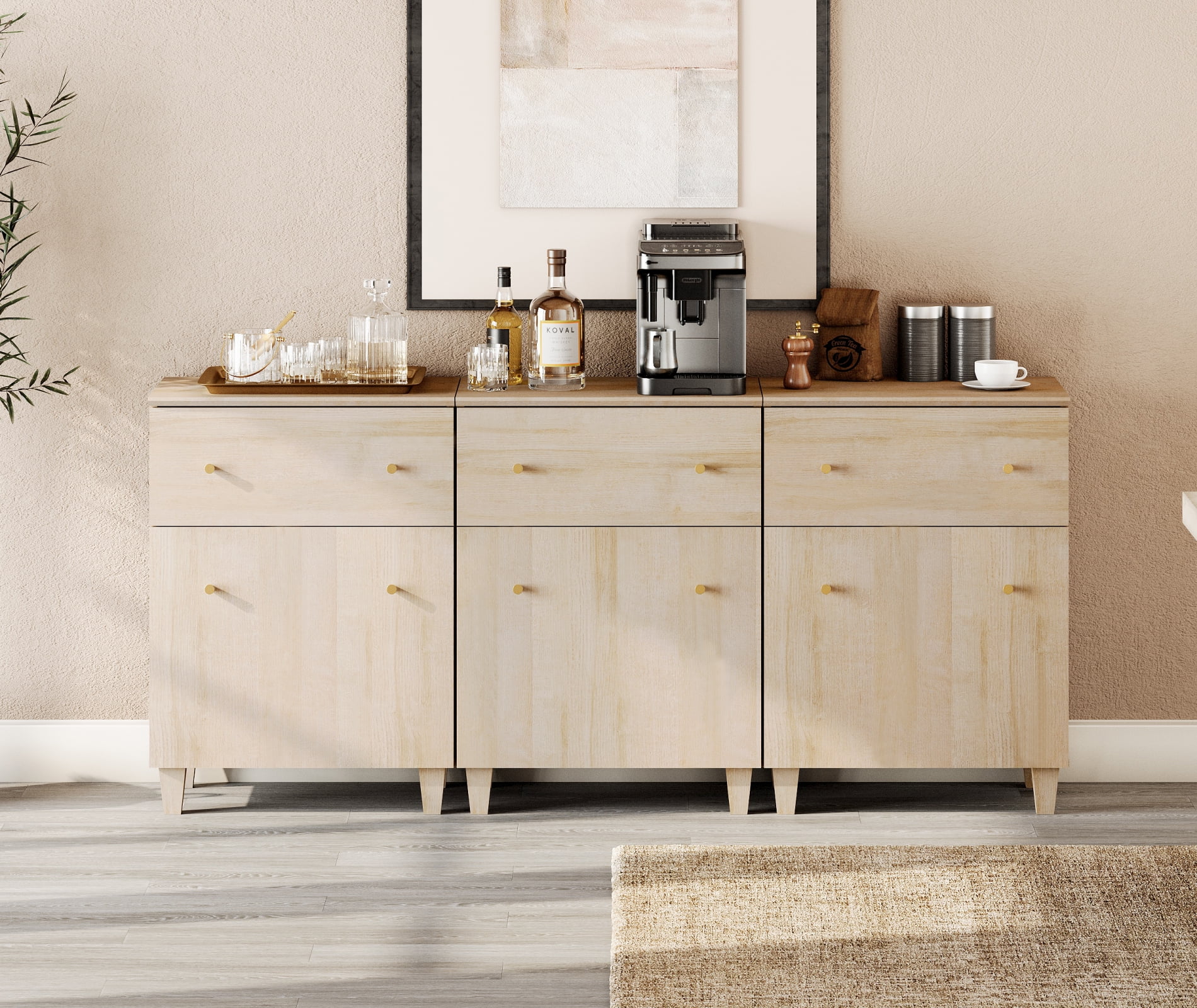 Buffet Storage Cabinet with 3 Drawers and 3 Adjustable Shelves, 71" Wide, Light Oak Wood Finish, 3 Pack