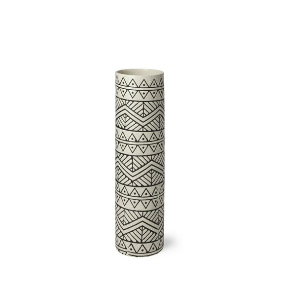 14" Black and Cream Tribal Geo Ceramic Vase