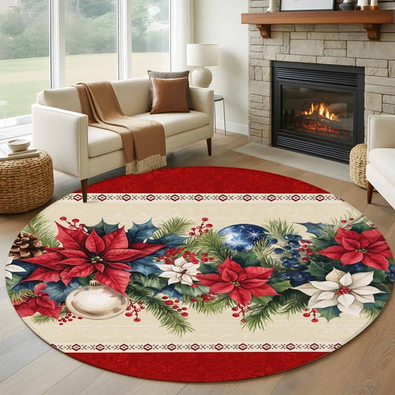 Red Christmas Round Area Rug 5 FT, Non Slip Bedroom Area Rug, Xmas Botanical Poinsettia Blue Balls Washable Soft Circular Carpet Non-Shedding Floor Mat for Kitchen Dining Room Foyer Balcony Dorm