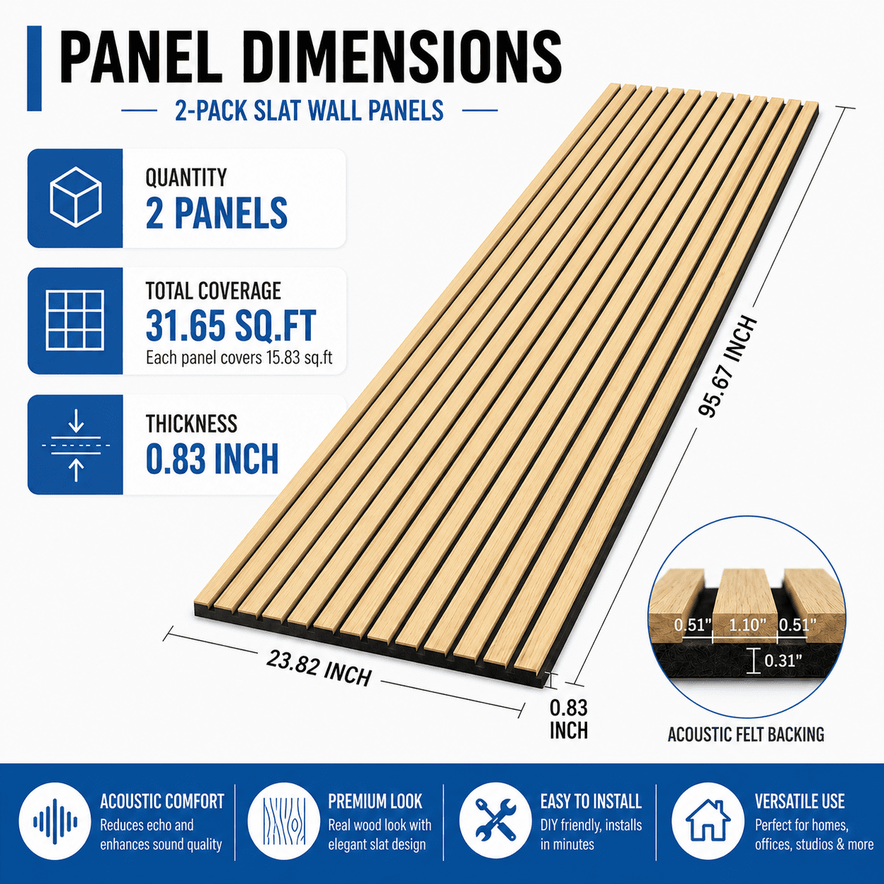 Yeslife 2 pcs Wood Slat Acoustic Wall Panels, 95.7 in x 24 in, Oak MDF, 3D Decorative Sound-Absorbing Panels for Interior Walls, 31.65 sq ft