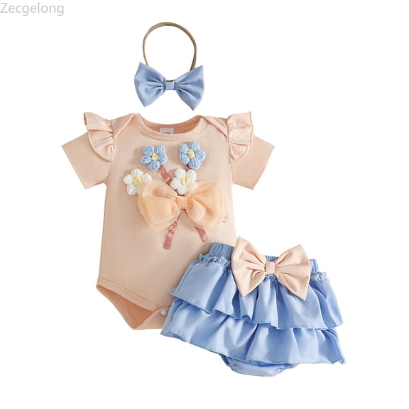 Zecgelong Infant Girls Short Sleeve Floral Bodysuit Romper Bowknot Ruffles Shorts Headbands Outfits Girls Outfits Sets Age 9-12 Months