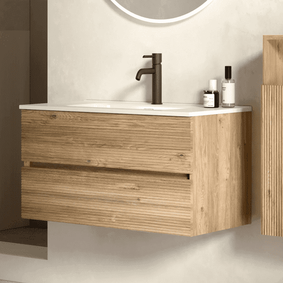 CITTANEO 36 Inch Bathroom Vanity with Ceramic Integral Top & Sink, 2 Soft-Closing Drawers and Invisible Handles