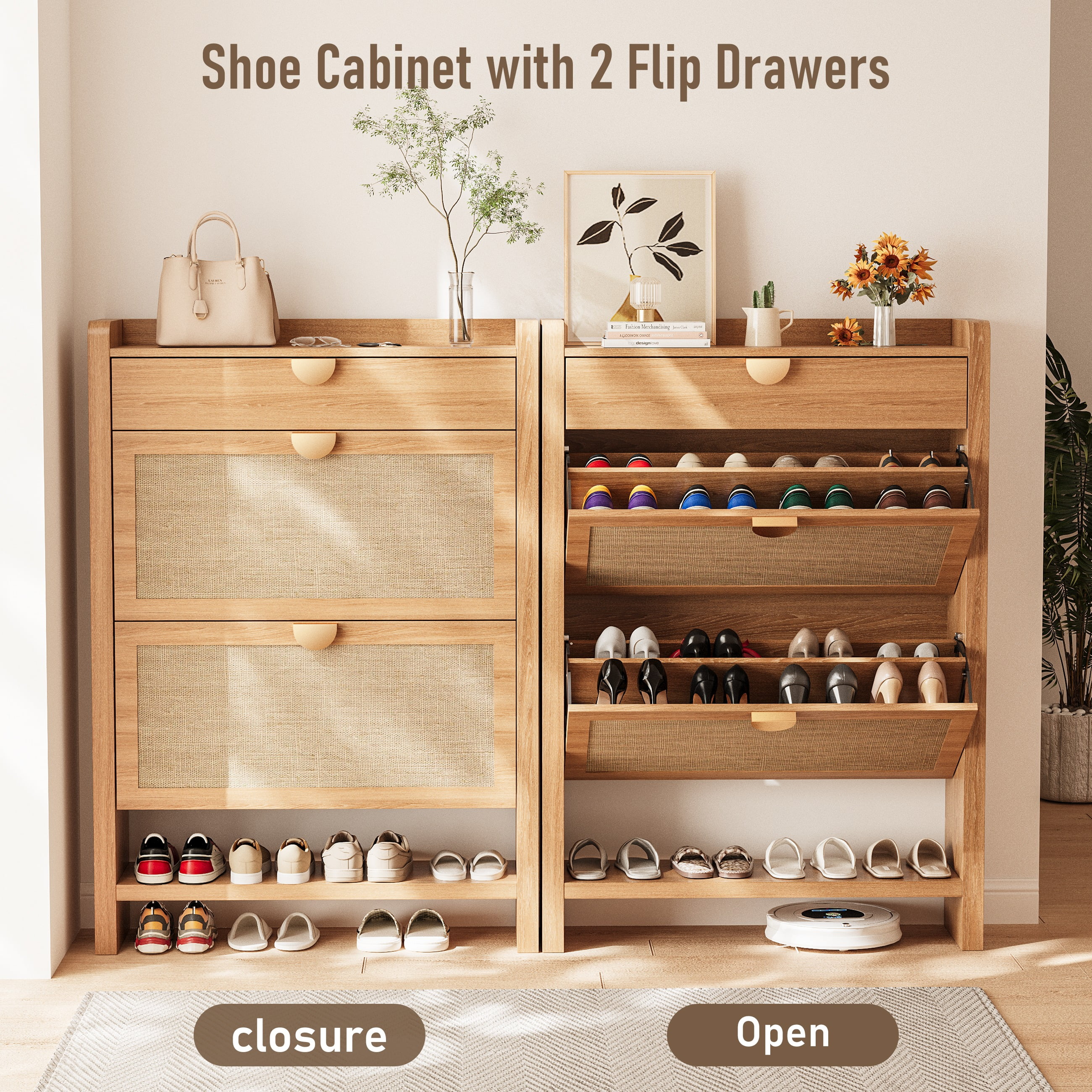 Shoe Cabinet with 2 Flip Drawers, Entryway Storage Organizer, Hidden Shoe Rack Narrow Freestanding Design Natural Oak