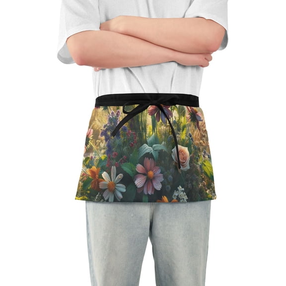 Boho Wildflowers Herbs Floral Waist Apron Adjustable Server Half Apron Kitchen Cooking with 3 Pockets for Men Women
