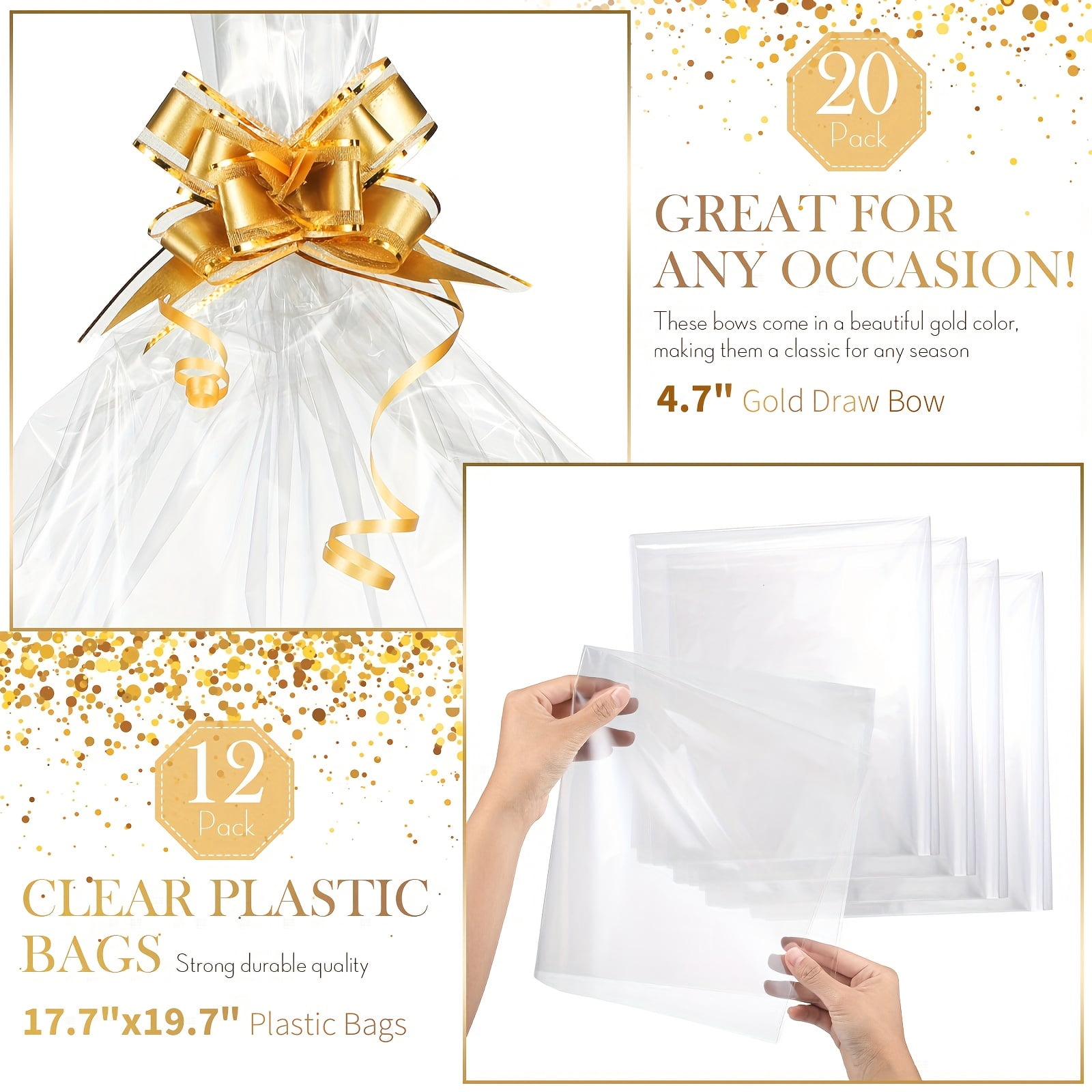 44Pcs Gift Basket Wrapping Set, Gift Baskets Empty With 12 Paper Tray Containers, 12 Clear Cellophane Bags for Gift Baskets and 20 Pull Bow Ribbons, Kraft Brown Packaging Kit for Party, Gifting