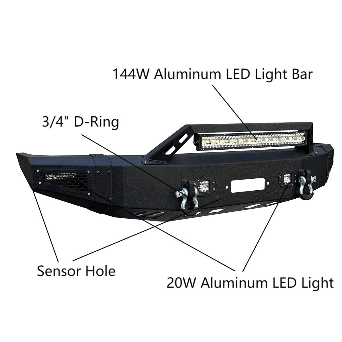 Vijay Compatible with 2019-2020-2021-2022-2023-2024 Dodge RAM 1500 Front and Rear Bumper Textured Black Steel with Lights and D-rings (NOT for Classic)