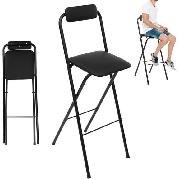 Folding Chair with Backrest, Tall Collapsible Stool, Steel Folding Bar Stool, Counter Height Seat with Leather Padded for Kitchen Island Shop Cafe Dining Room (1, Black, 27.5 Inch)