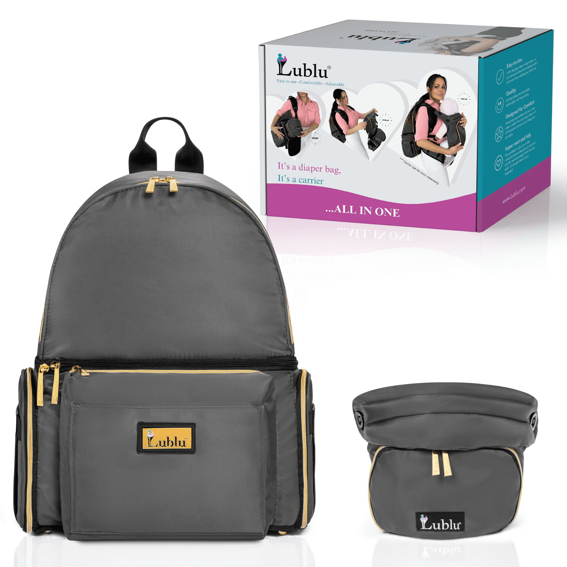 Lublu Diaper Bag Backpack with Baby Carrier, Hip Seat, Changing Pad, Insulated Pockets, Black or Grey (Grey)