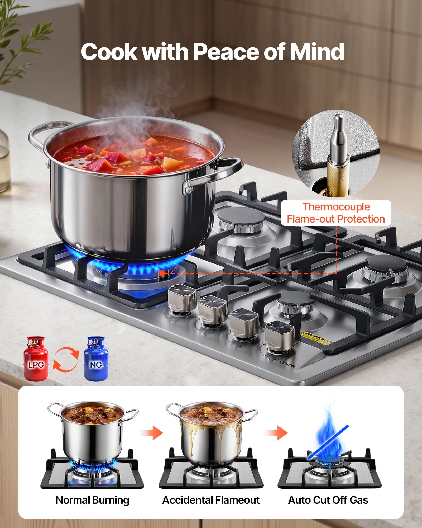 VEVOR 24 inch Gas Cooktop 4 Burners Gas Stove Top, Max 27000BTU Built-in Stainless Steel Stove Top LPG/NG Convertible Dual Fuel Cooktop Stoves with Thermocouple Protection for Kitchen Apartment Rvs