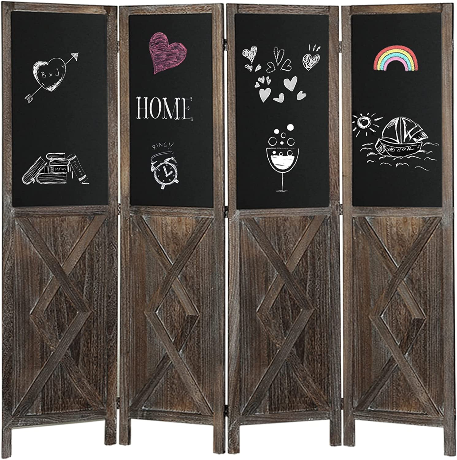 5.8Ft Tall Wood Room Divider with Chalkboard Panels, 4 Panel Rustic Folding Privacy Screens Room