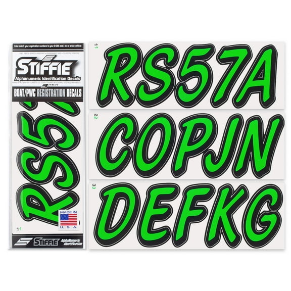STIFFIE Whipline Solid Electric Green/Black 3" Alpha-Numeric Registration Identification Numbers Stickers Decals for Boats & Personal Watercraft