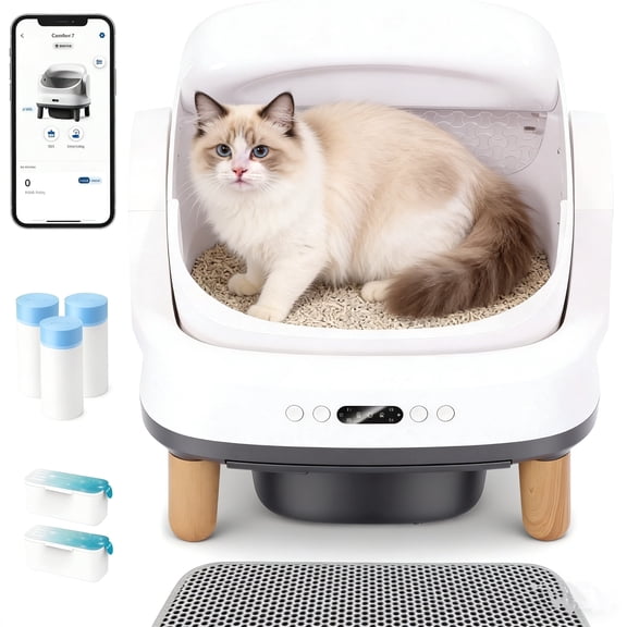 Automatic Cat Litter Box Self-Cleaning with Safety Protection, White, Wood