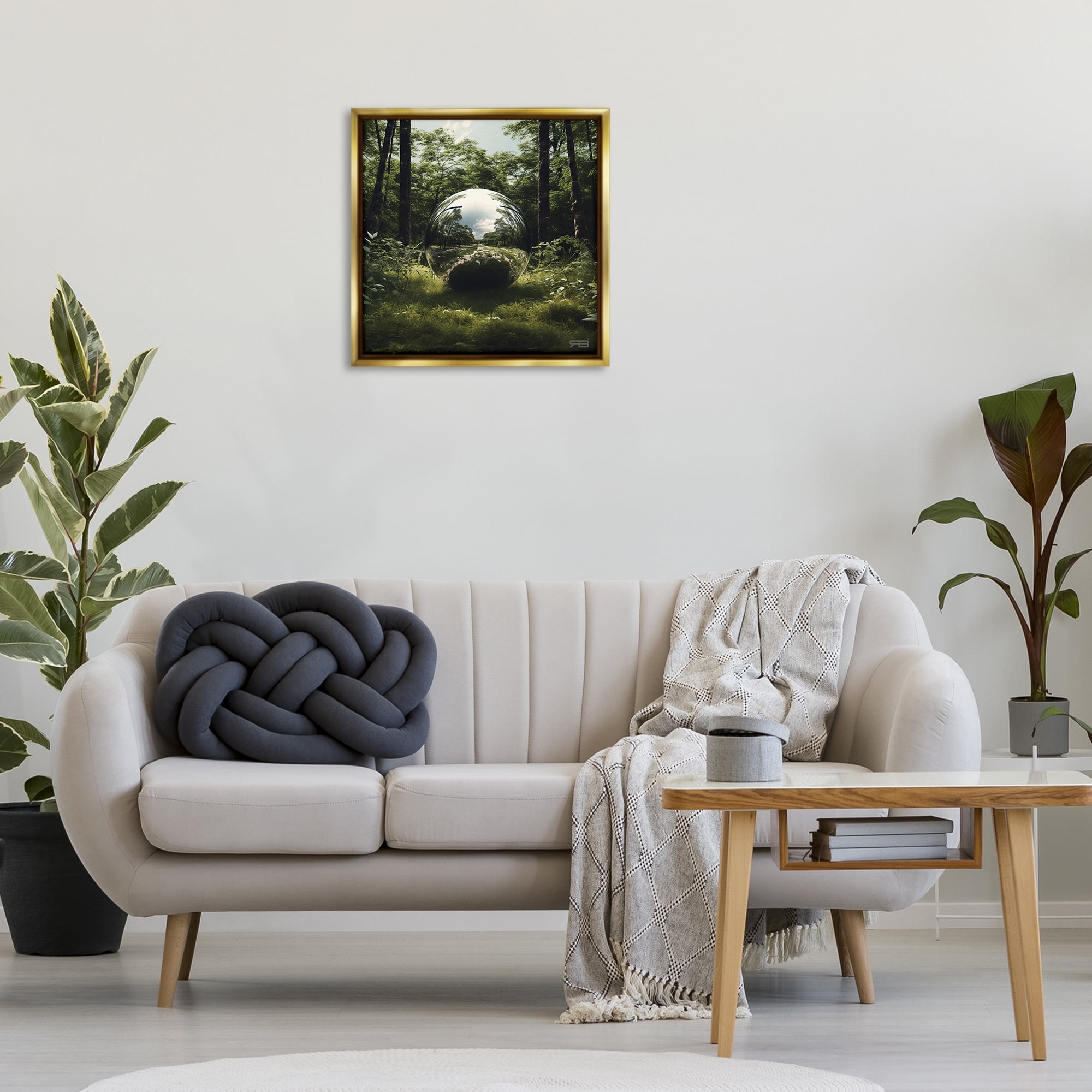 Stupell Industries Reflective Ball in Nature Landscape & Nature Painting Gold Floater Framed Canvas Art Print Wall Art, 25 x 25
