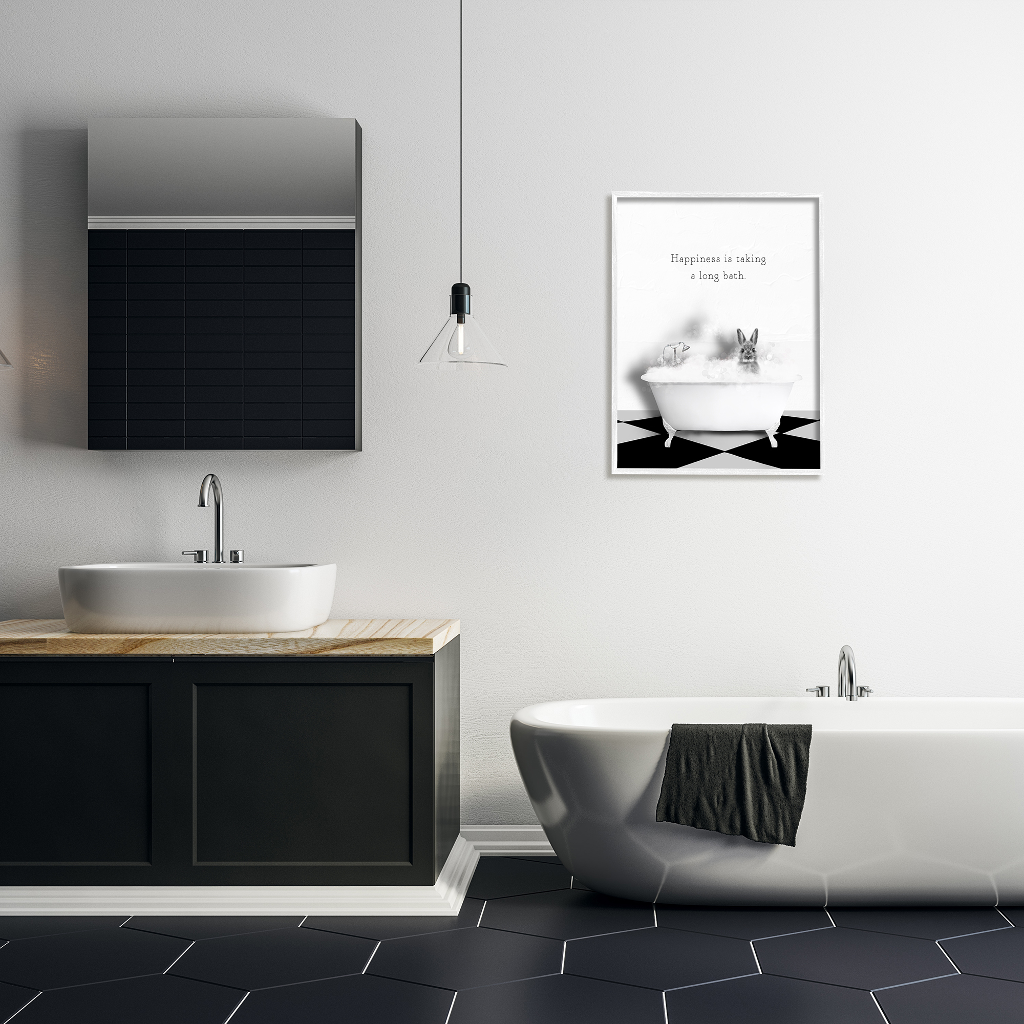 Stupell Industries Happiness is Long Bath Bunny Animals & Insects Painting White Framed Art Print Wall Art, 24 x 30
