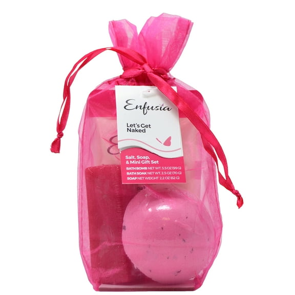 Let's Get Naked Salt, Soap & Mini Gift Set by Enfusia - 2.2 oz soap, 3.5oz bath bomb, 2.5oz soak in gift bag- Perfect for all bath lovers