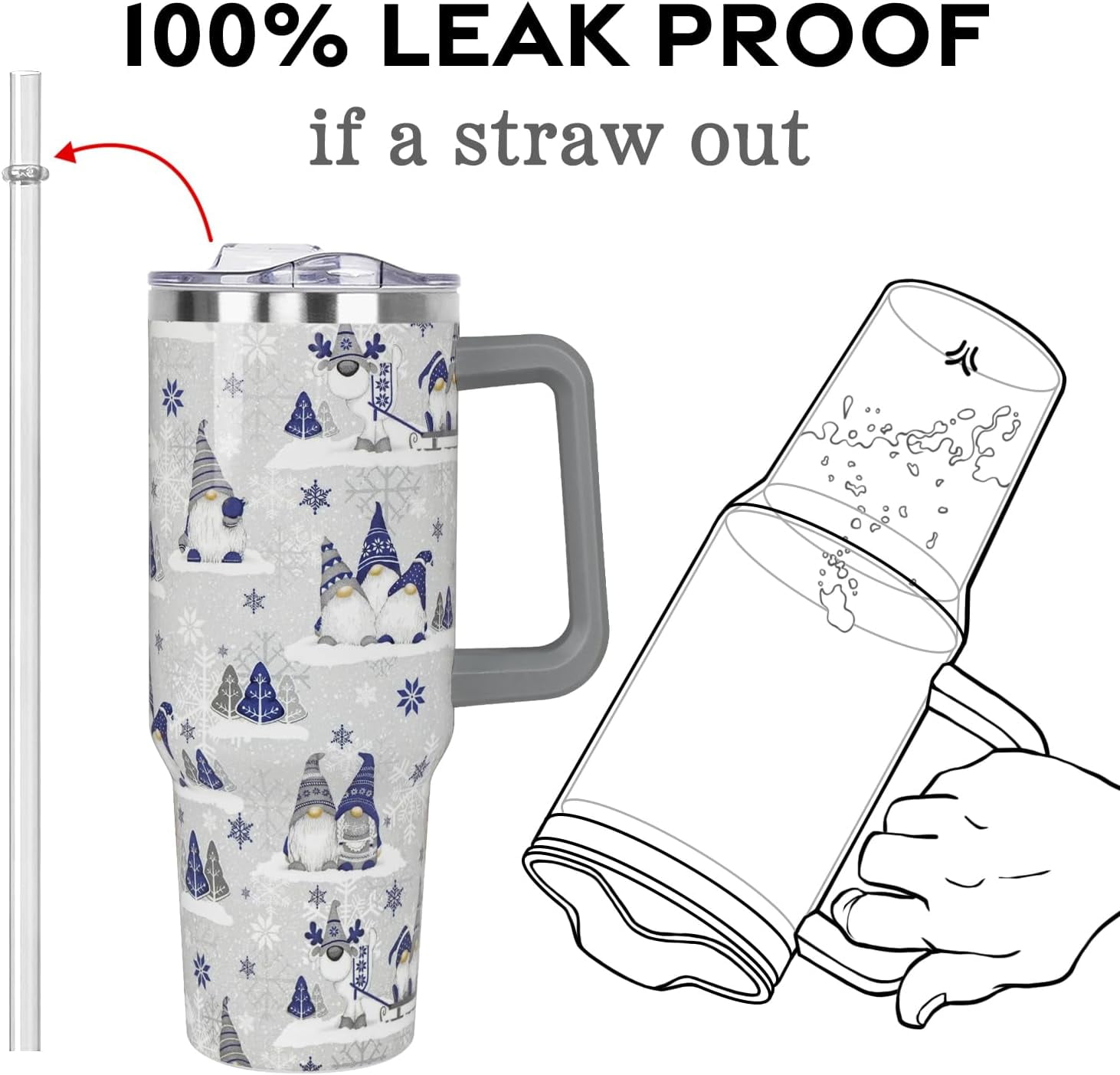 Christmas Gifts 40 oz Tumbler with Handle and Straw Lid,Cute Gifts for Women Winter Gnome Vacuum Insulated Leak Proof Tumbler,Holiday Accessories Stainless Steel Coffee Cup Mug (Blue)