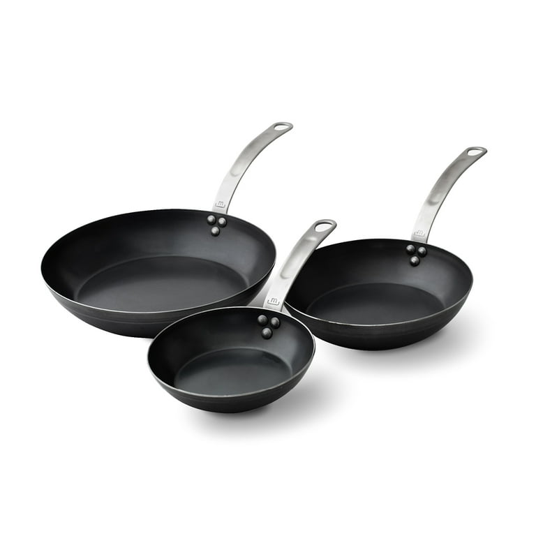 3-Piece Blue Carbon Steel Cookware Set, 12 Frying Pan, Wok and Roasting Pan