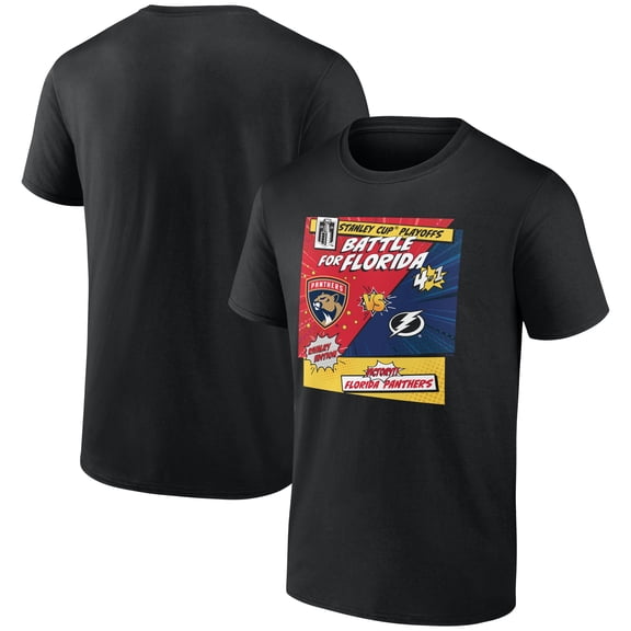 Men's Black Florida Panthers vs. Tampa Bay Lightning 2025 Stanley Cup Playoffs Rivalry Comic Pop T-Shirt