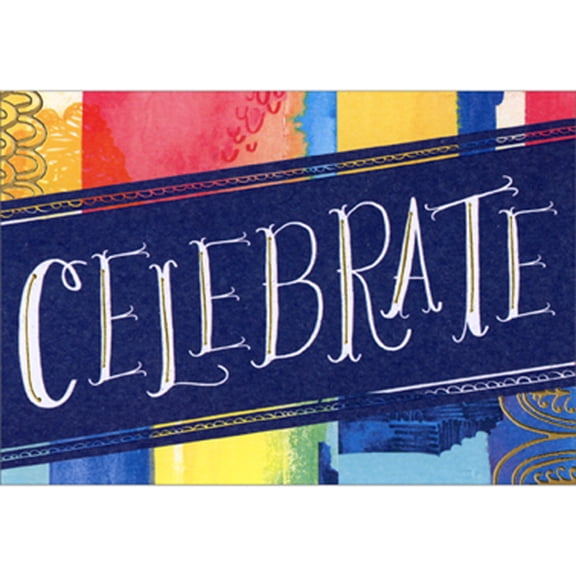 Designer Greetings Celebrate: White Letters with Gold Accents on Blue Over Colorful Stripes Package of 8 Graduation Party Invitations
