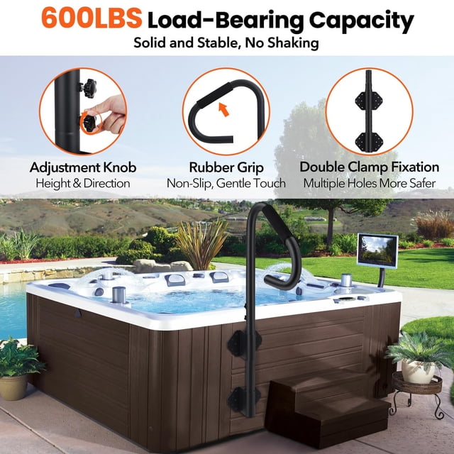 Kojooin Hot Tub Handrail, 360° Rotating Spa Side Handrail with Adjustable Height and Non-Slip Grip