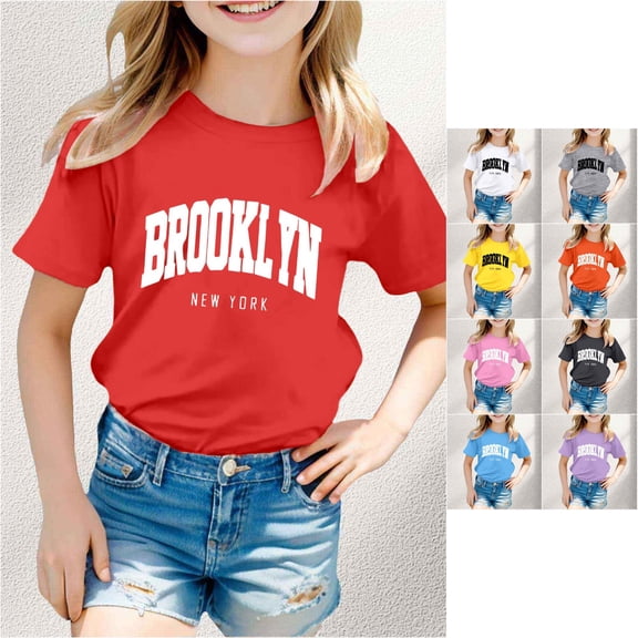Trendfront Little Girls Casual T-Shirt Brooklyn NY NYC City Typography Letter Print Fashion Loose Fit Crewneck Short Sleeve Tops Pullover Streetwear Clothes Tee