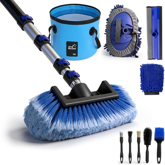 12FT Car Wash Brush Kit with Long Handle, 8-Piece Car Cleaning Kit, 180° Rotating Brush Head, Foldable Bucket, Soft & Stiff Brushes for Cars, Trucks, SUVs, RVs & Home