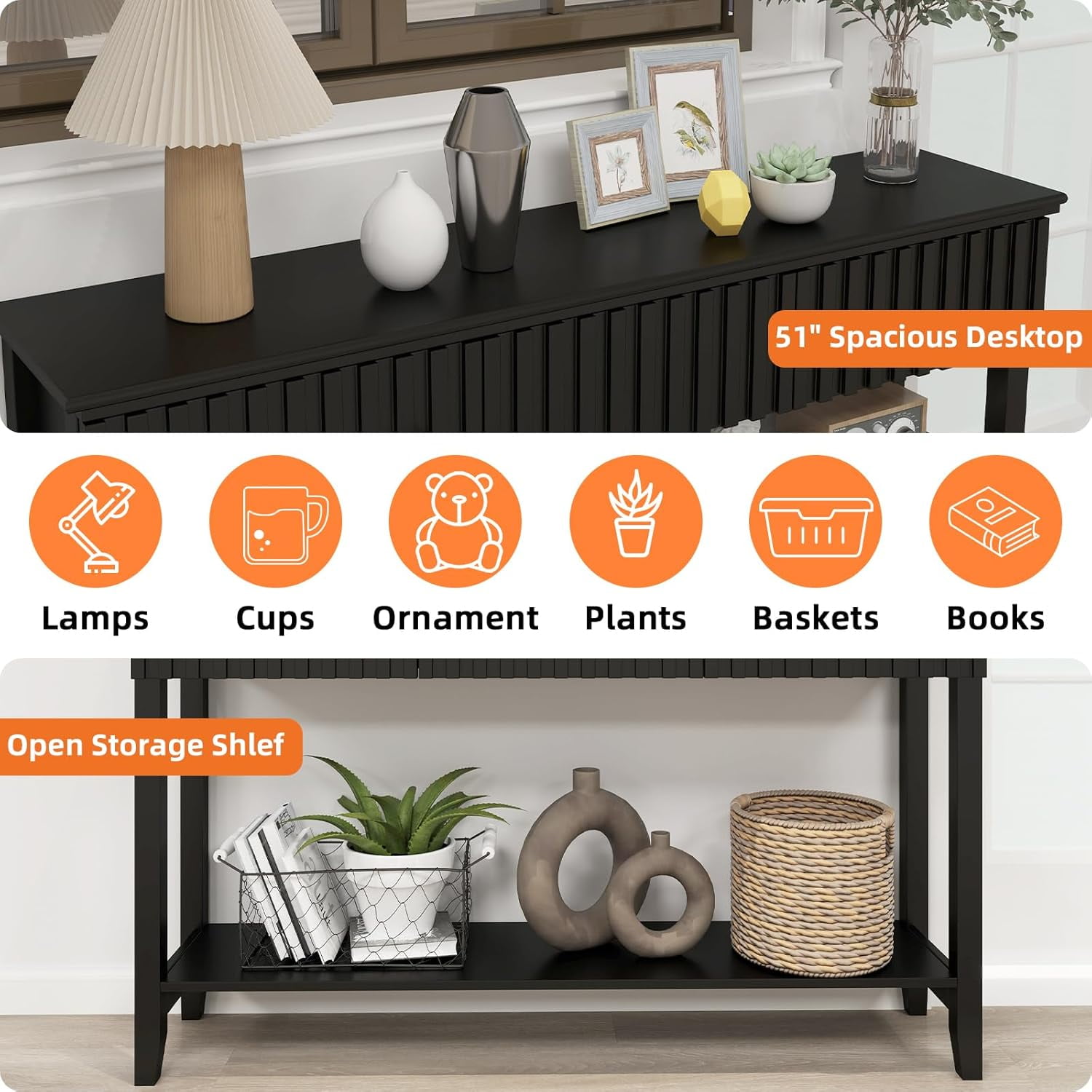 Coewske Narrow Console Table Painted Wood Long Sofa Entryway Table w/ 3 Drawers & Open Shelf Black
