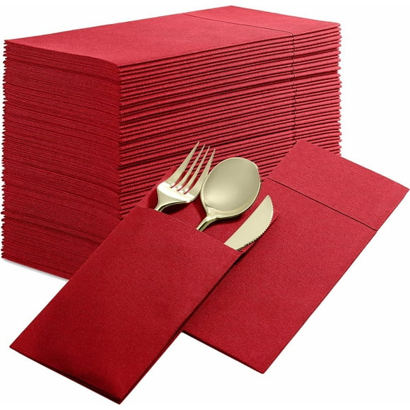 Nvzi 50 servilletas desechables con bolsa para cubiertos incorporada, preplegadas, ideales para la decoración de mesas en restaurantes, bodas y fiestas. Color rojo oscuro.