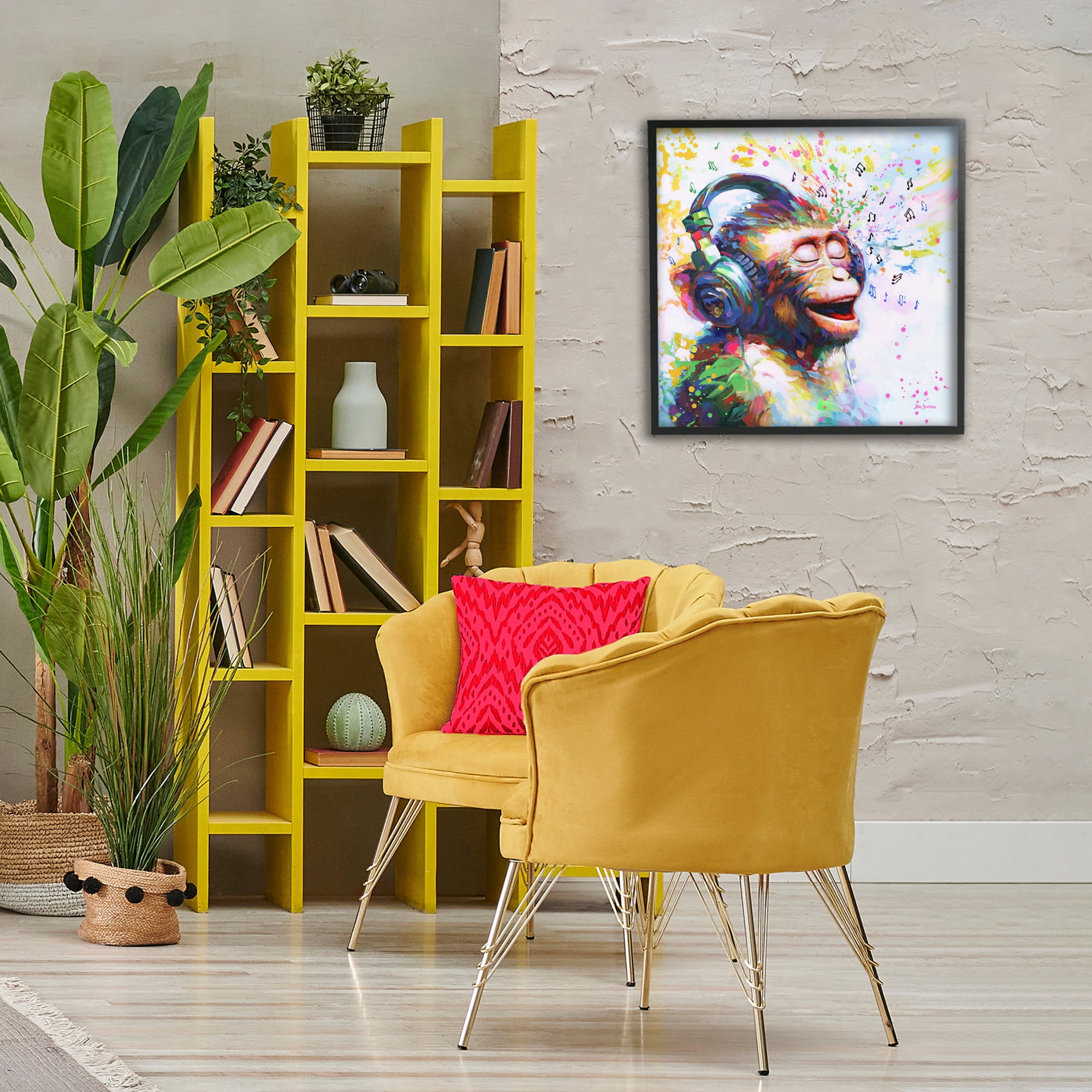 Stupell Industries Blissful Beats Monkey Animals & Insects Painting Black Framed Art Print Wall Art, 24 x 24